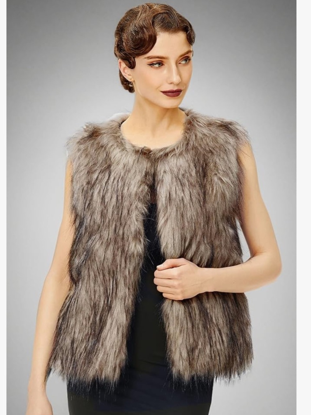 Faux Fur Vest - Taupe Gray Sleeveless Coat